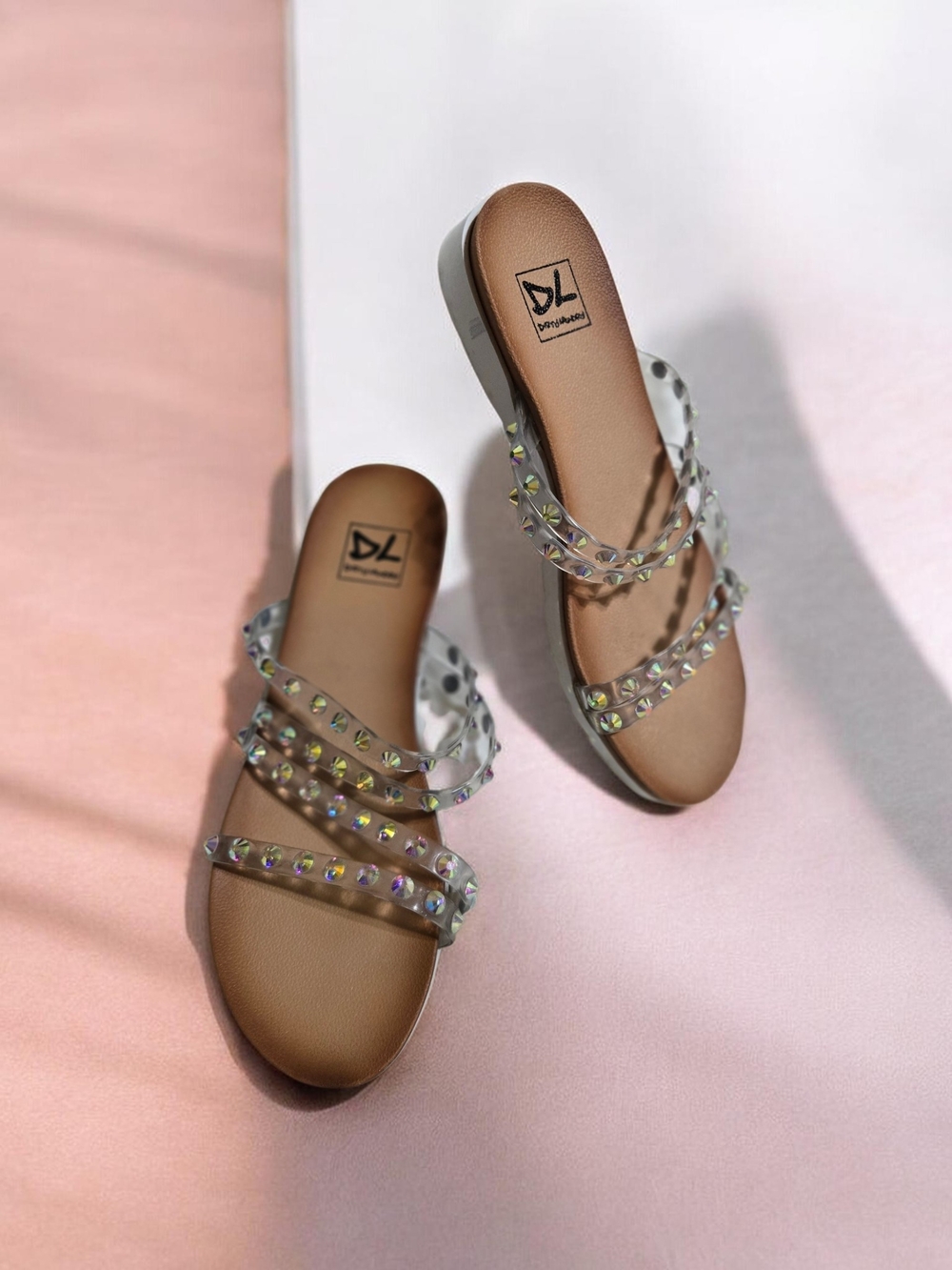 Clear Strap Embellished Tan Slide Sandals By Dirty Laundry Size 8 EUC